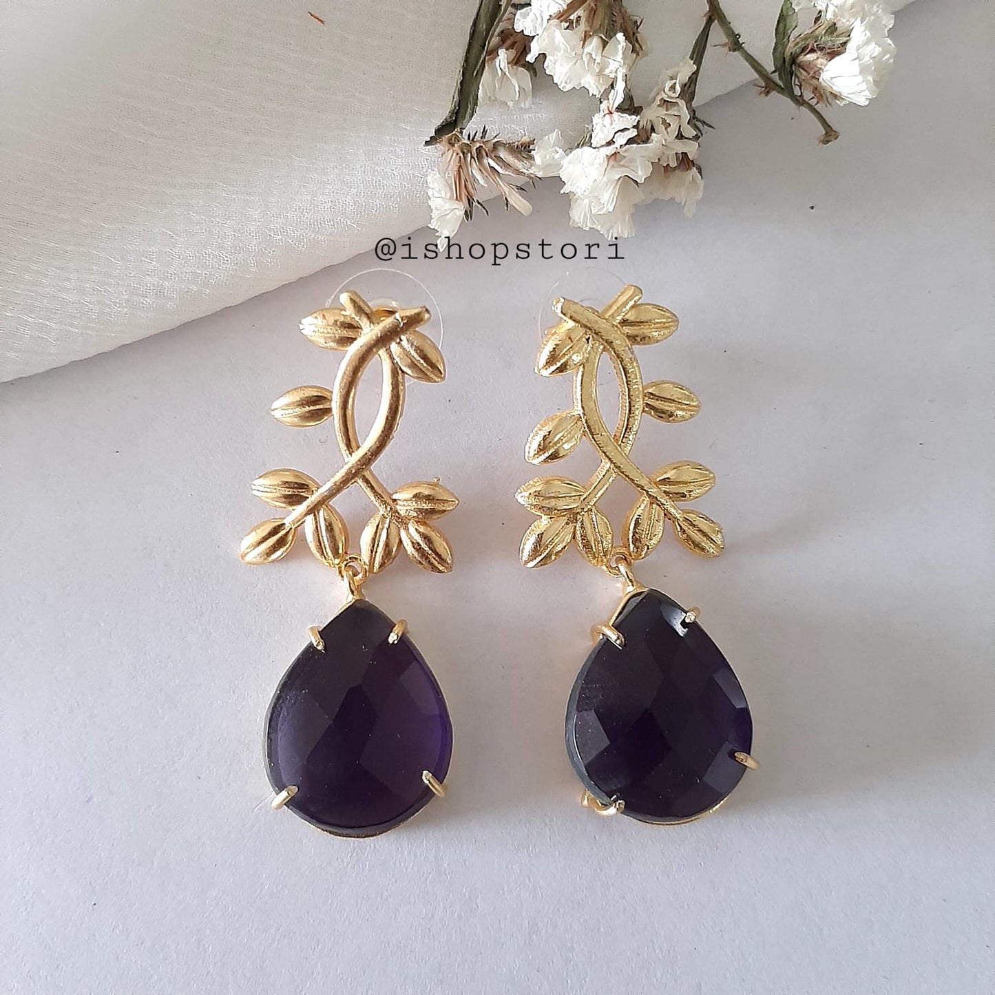 Ekaterina Claw Stone & Golden Leaves Statement Earrings