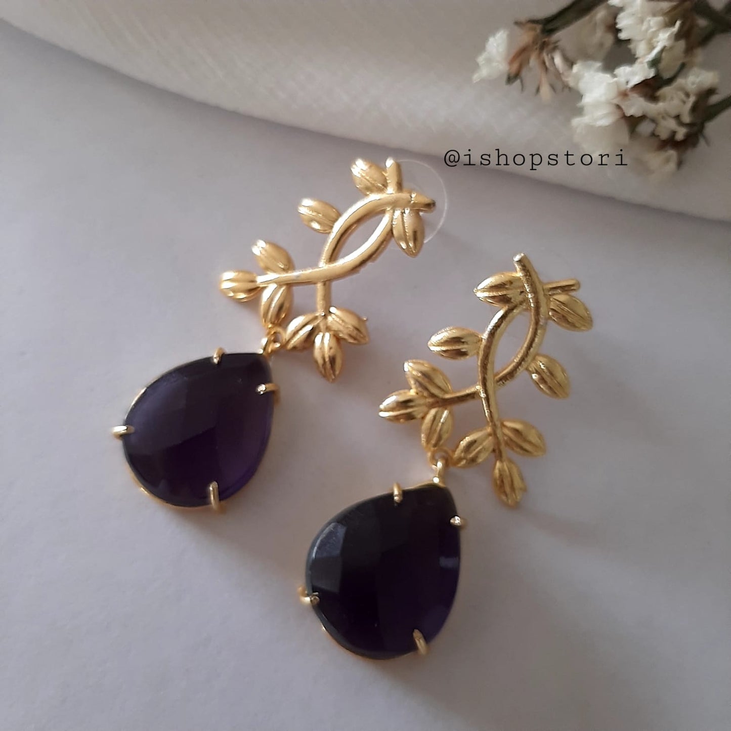 Ekaterina Claw Stone & Golden Leaves Statement Earrings