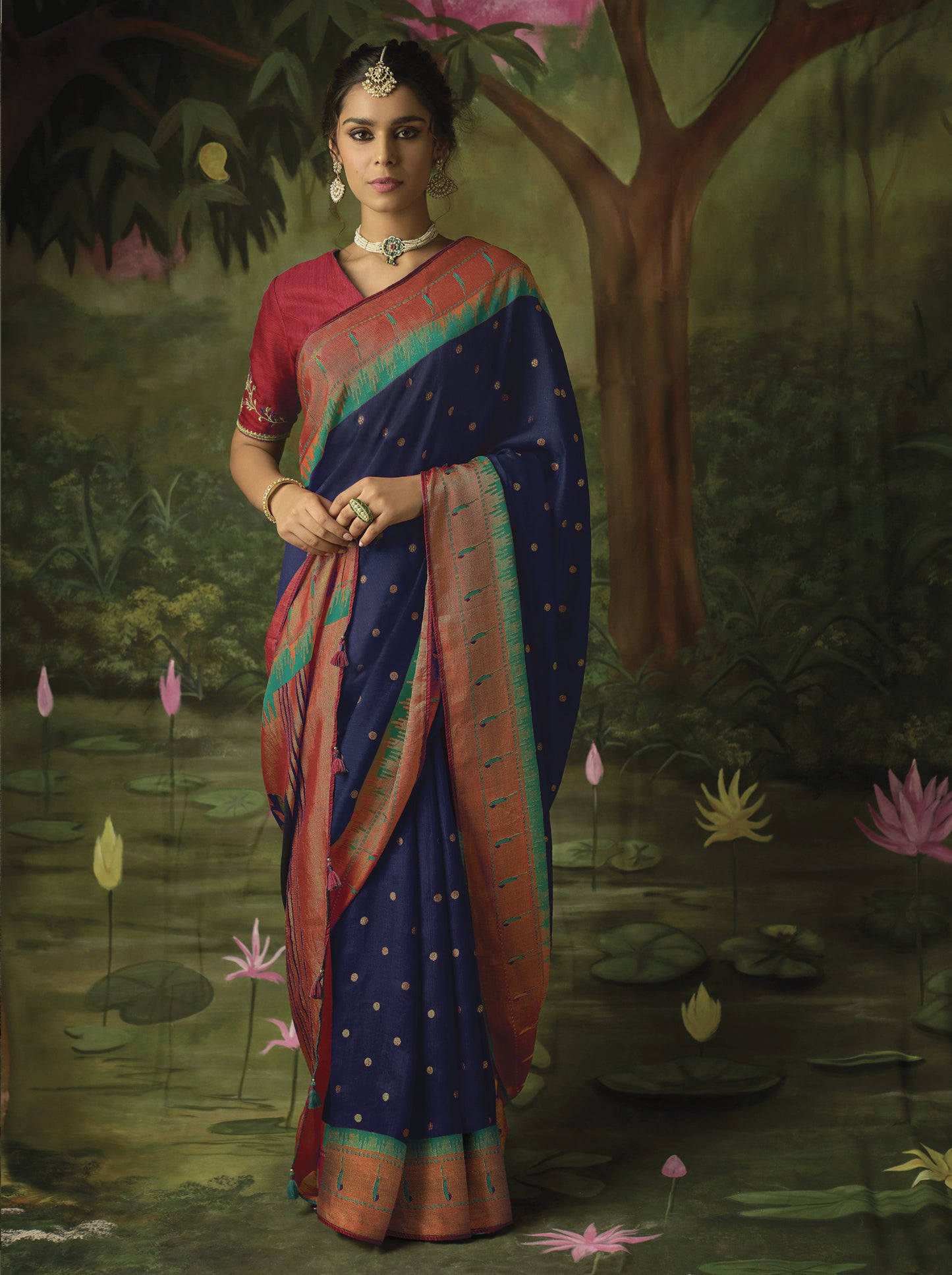 Berry Blue Paithani Saree With Embroidered Blouse