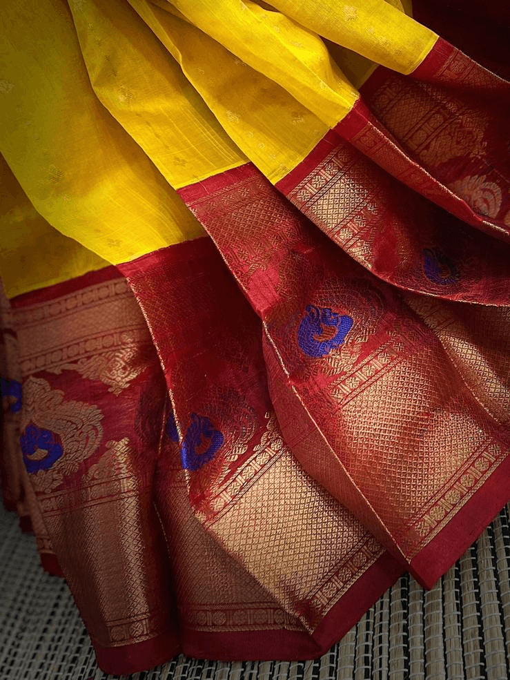 Bright Yellow Pure Silk Royal Kanchi Kuppadam With Red Blouse