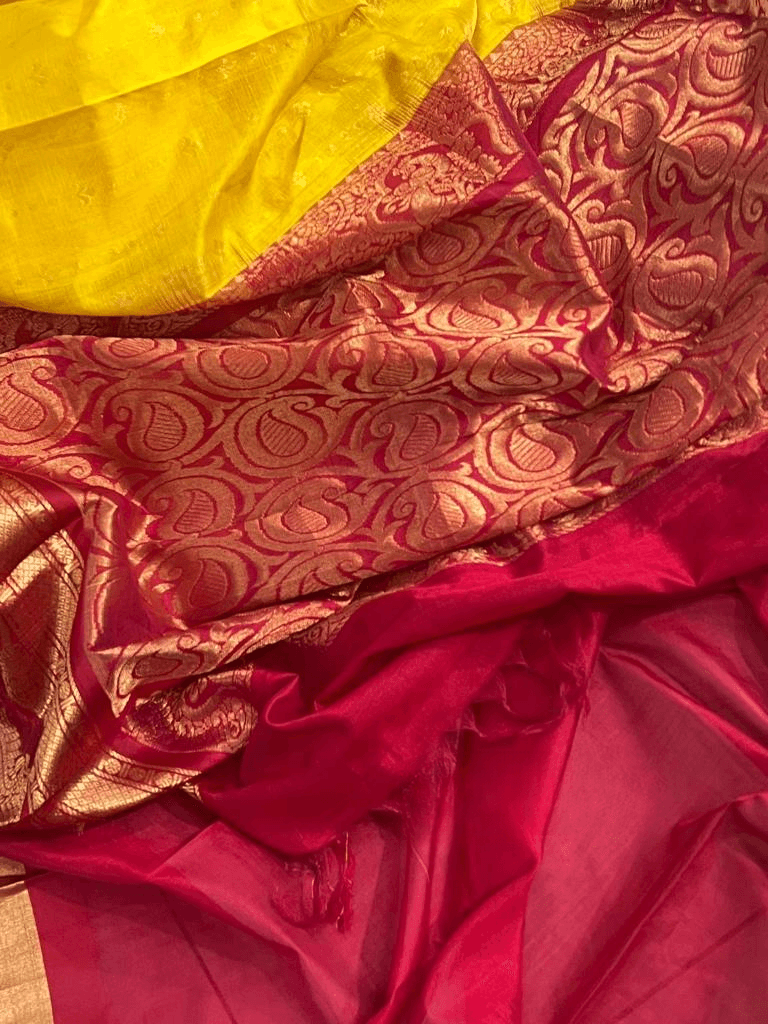 Bright Yellow Pure Silk Royal Kanchi Kuppadam With Red Blouse