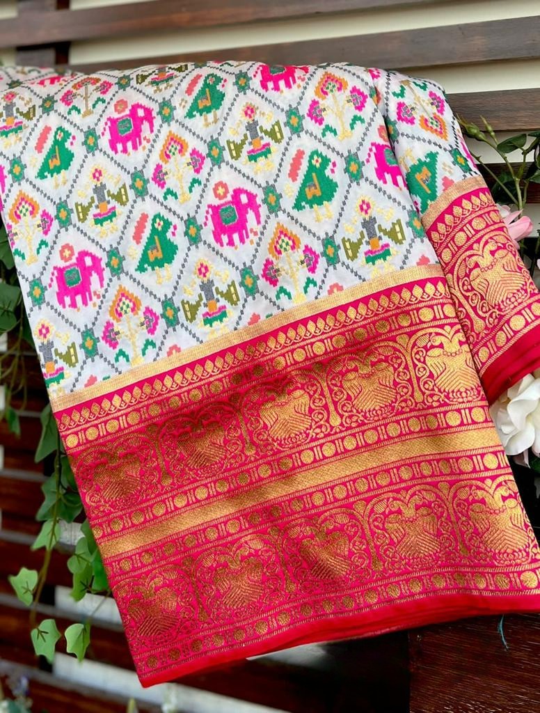 Pearl White Woven Patan Patola Pure Silk Saree