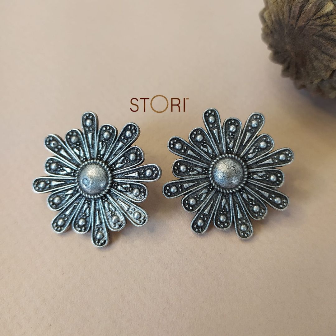 Aster Floral Handcrafted Silver Look Alike Earrings