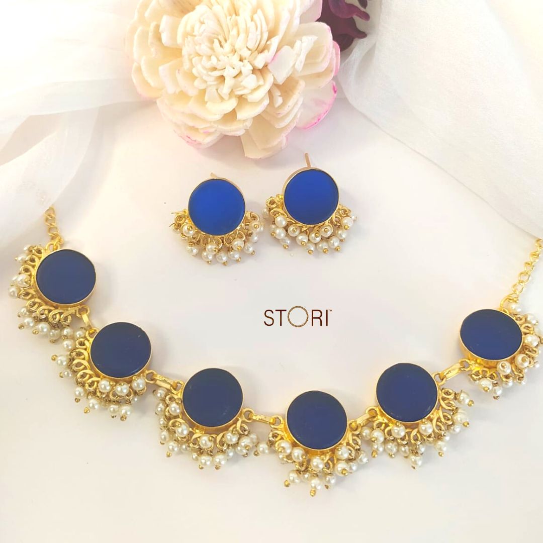 Nandini Single Color Half Raw Stones & Pearls Necklace Set