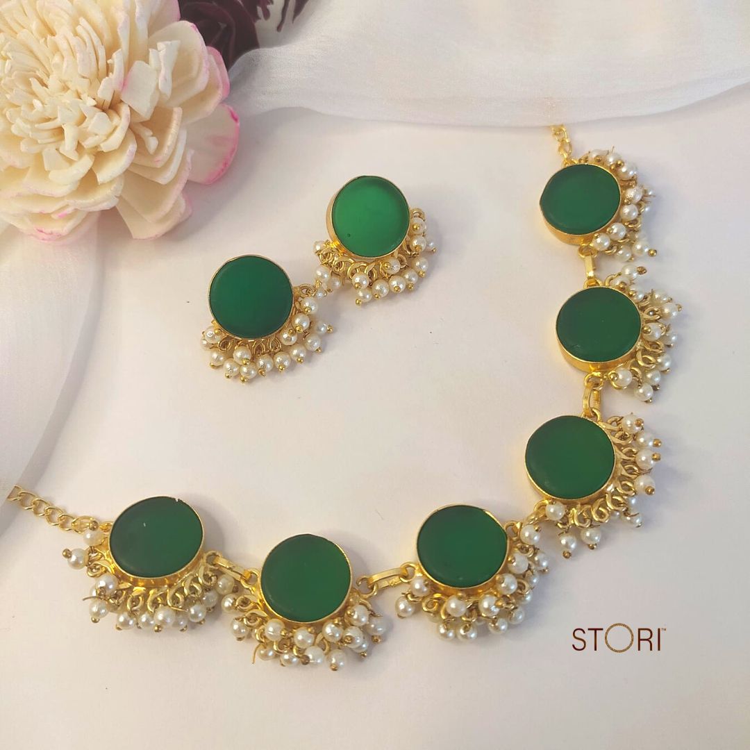Nandini Single Color Half Raw Stones & Pearls Necklace Set