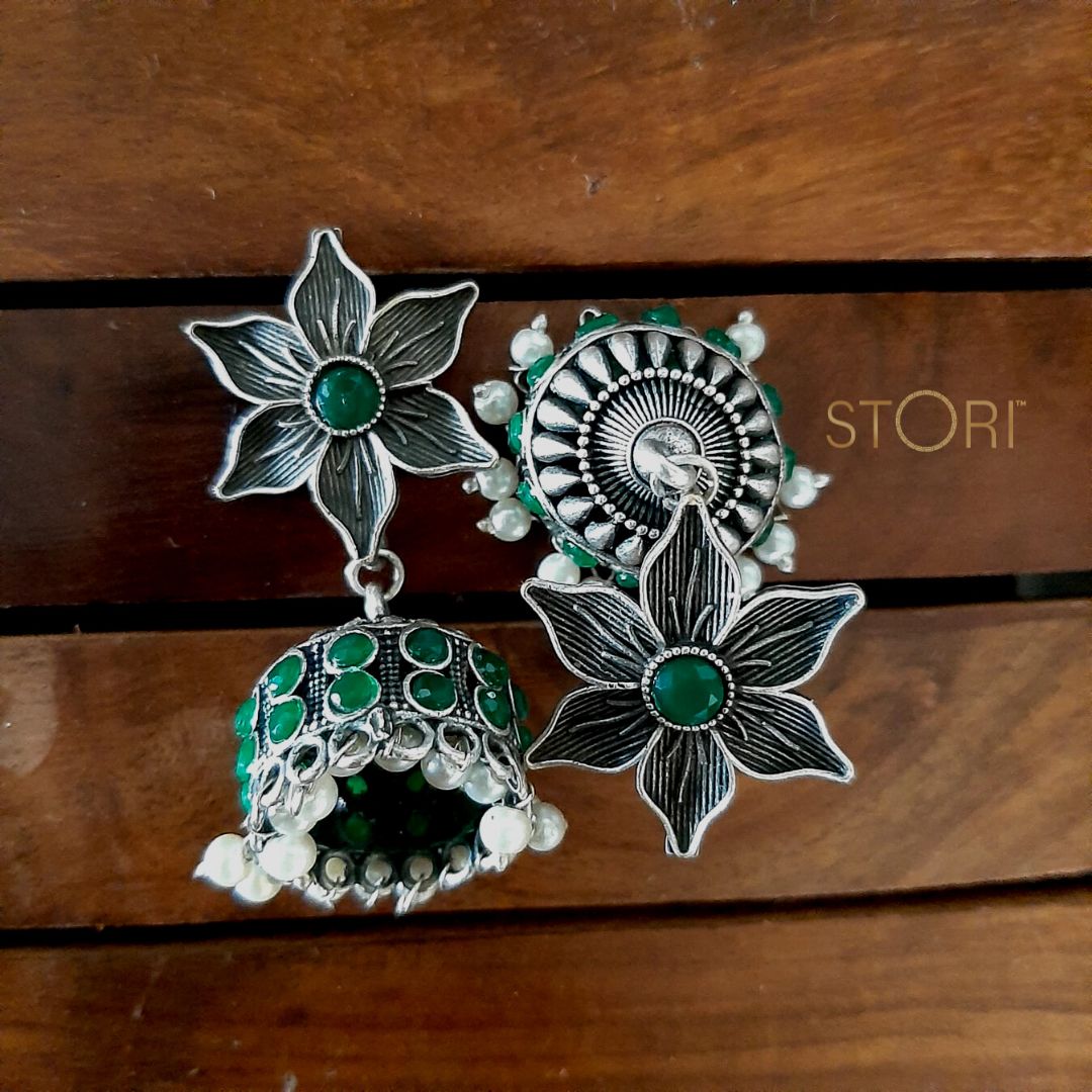 Daksha Floral German Silver Jhumki Earrings