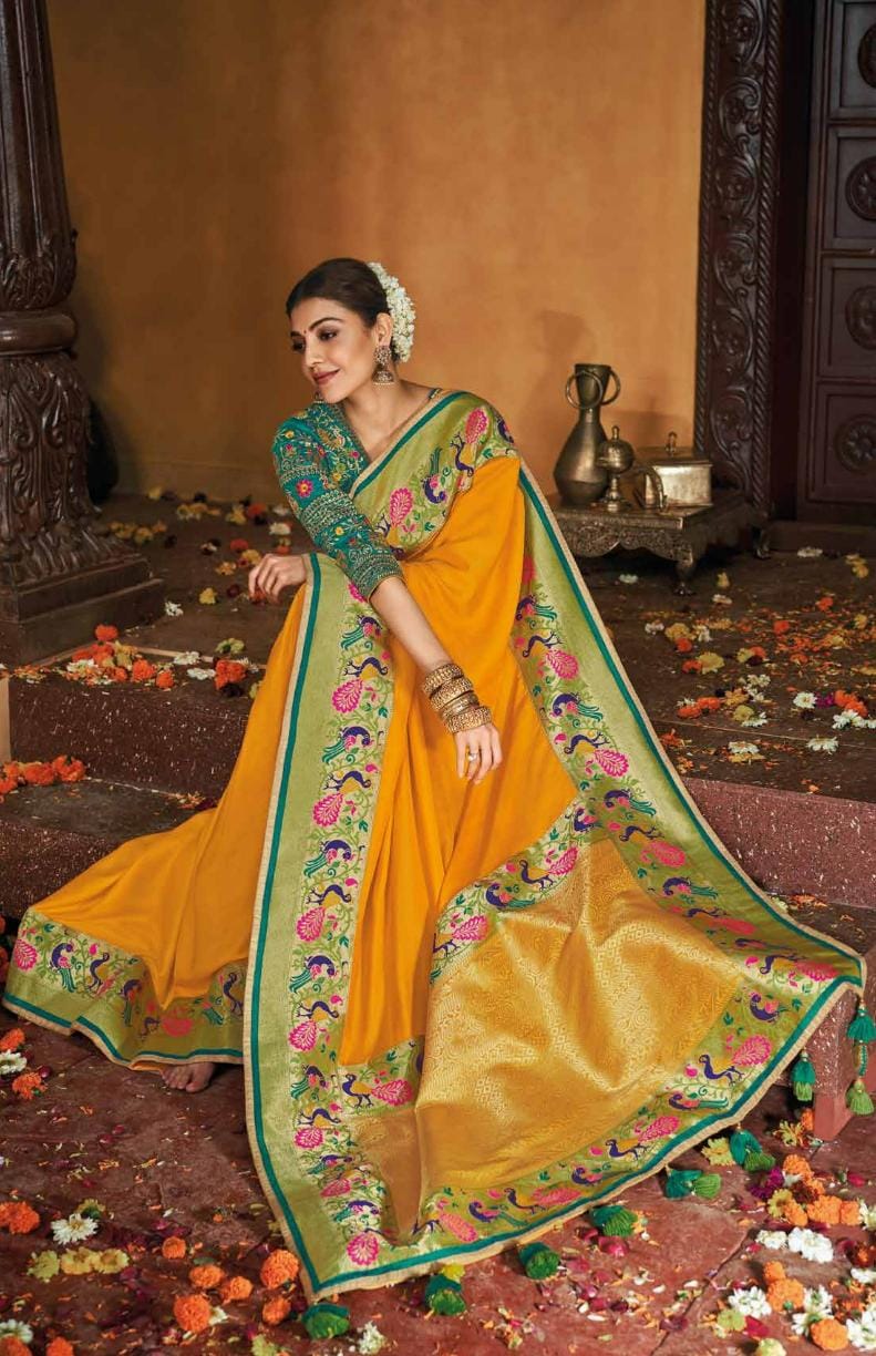 Turmeric Yellow Paithani Silk Saree With Designer Blouse