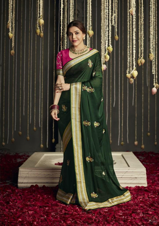 Juniper Green Silk Saree With Designer Blouse