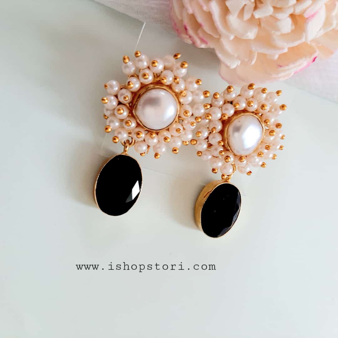 Kaaira Fresh Water Pearls Halo & Oval Glossy Stone Earrings