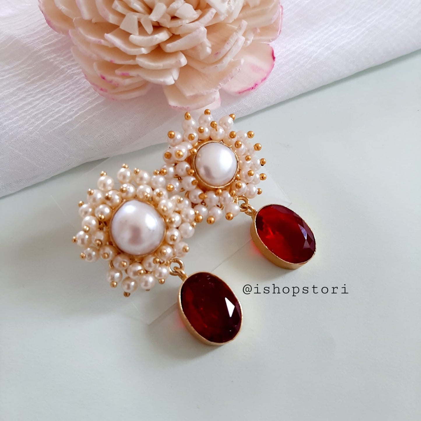 Kaaira Fresh Water Pearls Halo & Oval Glossy Stone Earrings