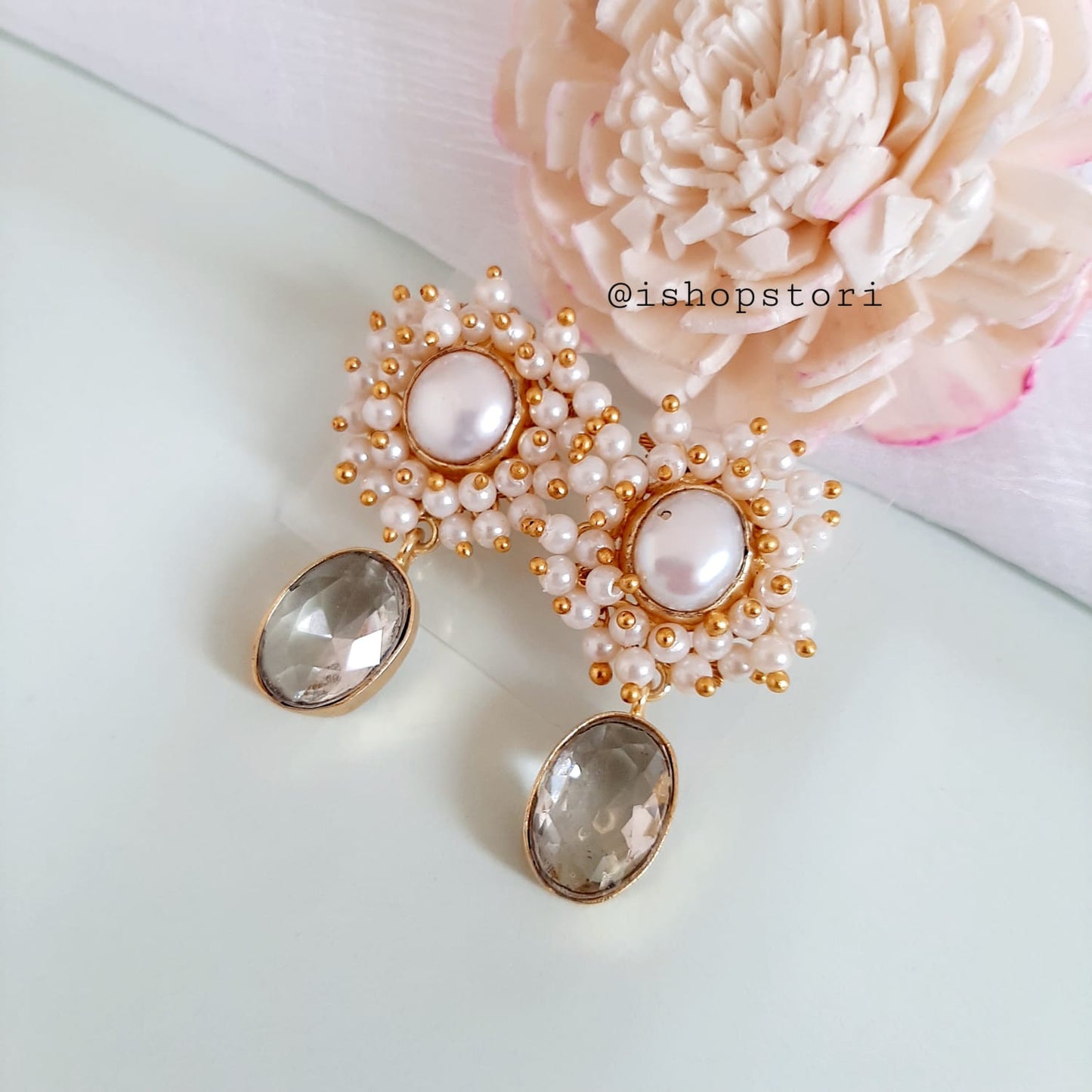 Kaaira Fresh Water Pearls Halo & Oval Glossy Stone Earrings