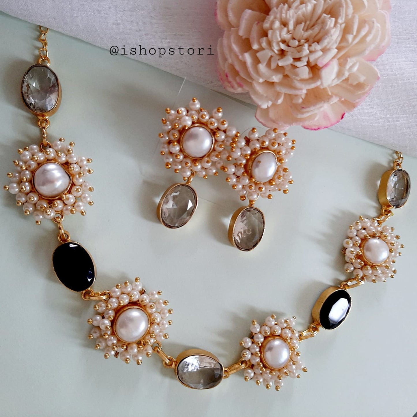 Kairaa Glossy Stone & Fresh Water Pearls Necklace Set- Bestseller!