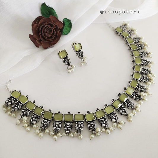 Jaymika Monalisa Stones & Pearls Oxidised Necklace Set