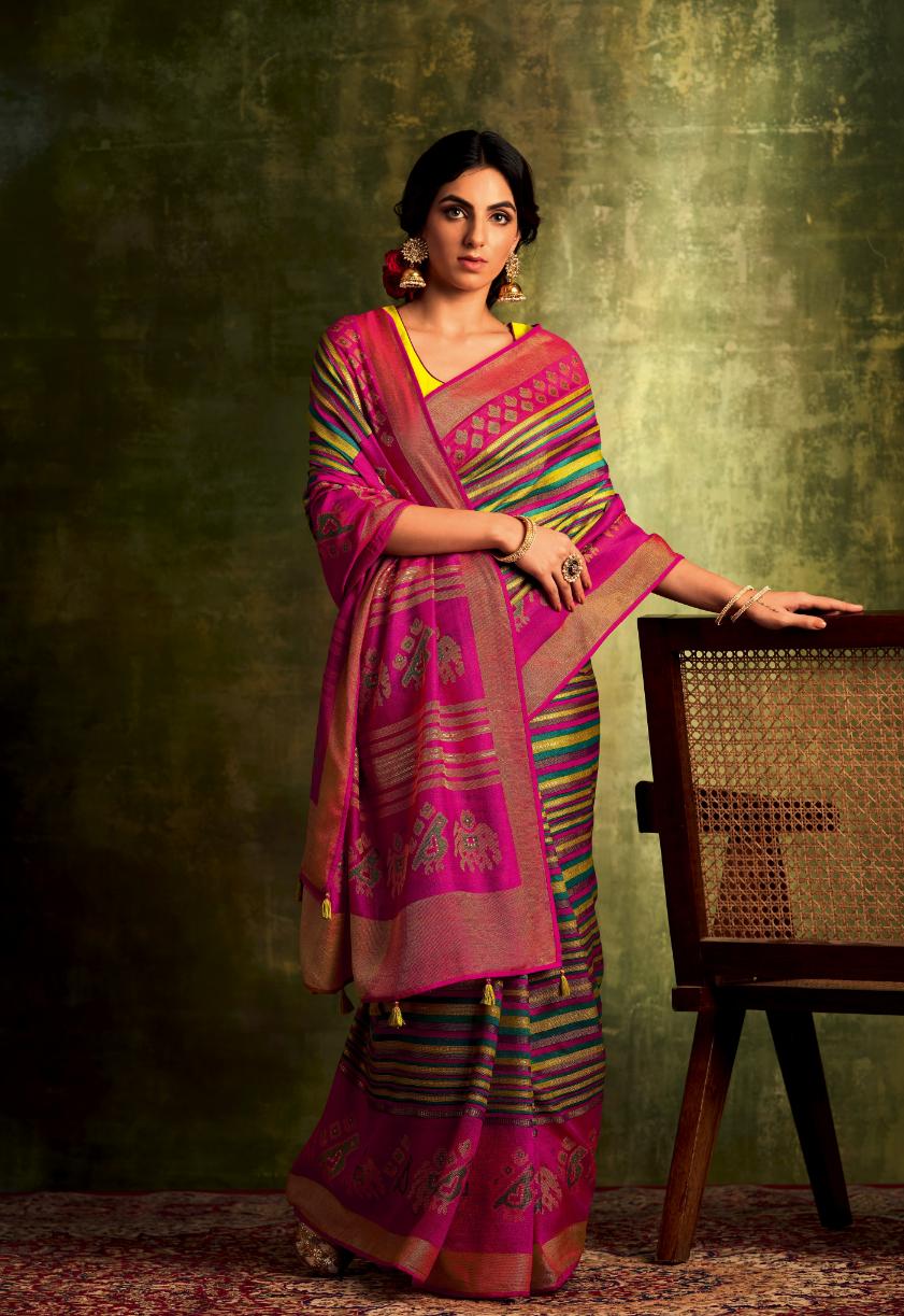 Multicolor Striped Saree With Embroidered Blouse