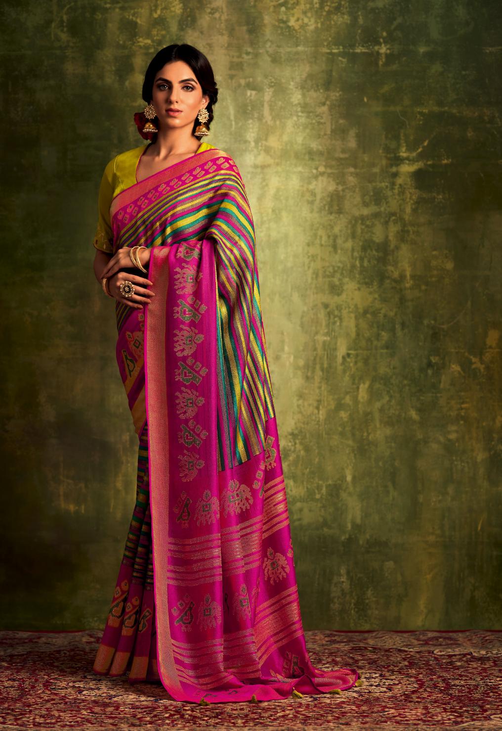 Multicolor Striped Saree With Embroidered Blouse