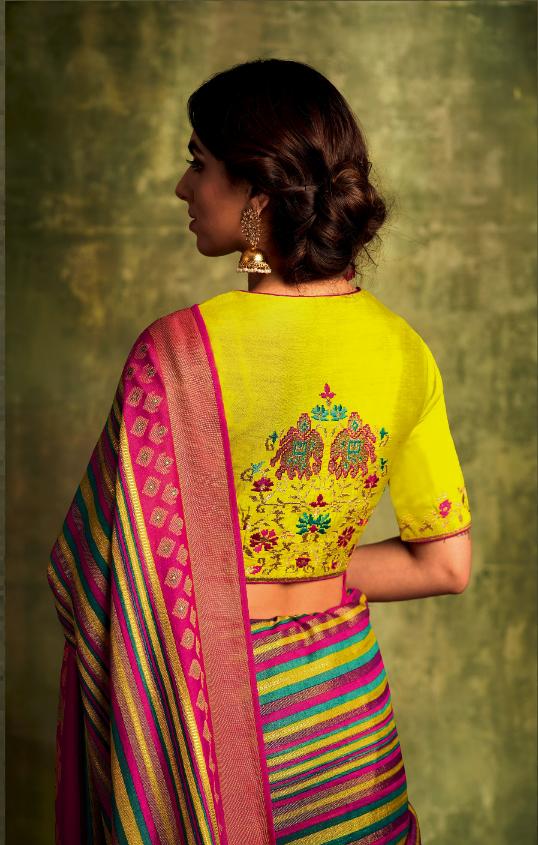 Multicolor Striped Saree With Embroidered Blouse