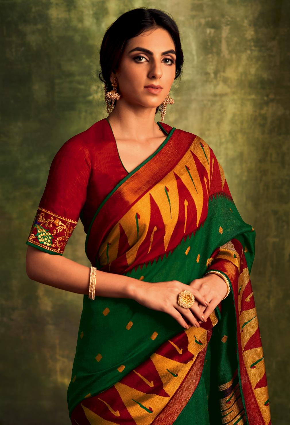 Exotic Pista Green Silk modal Saree with Red Blouse