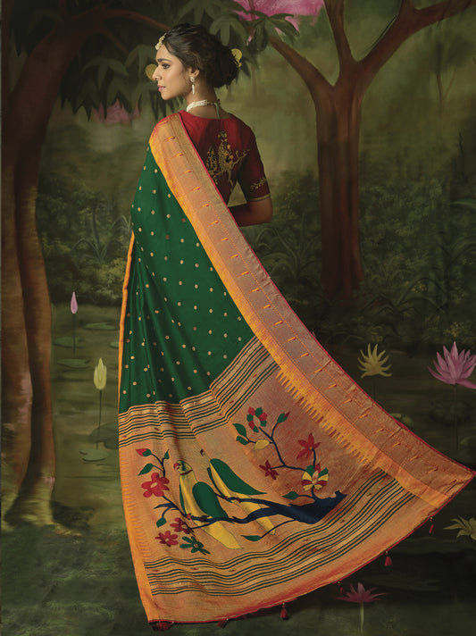 Emerald Green Paithani Saree With Embroidered Blouse