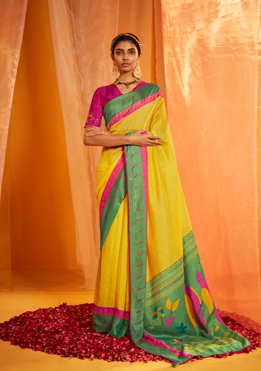 Chromium Yellow Paithani Saree With Embroidered Blouse