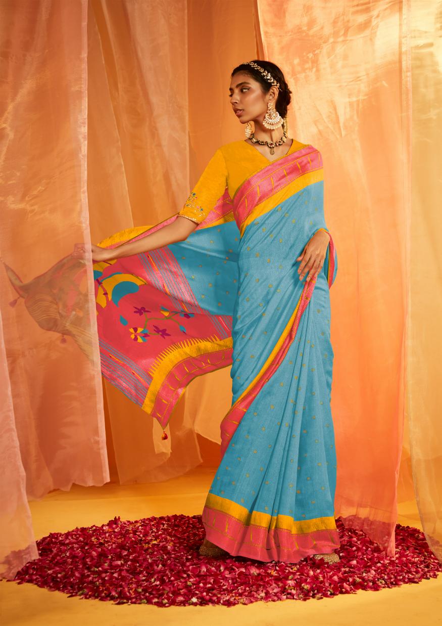 Sky Blue Paithani Saree With Embroidered Blouse