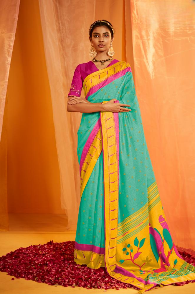 Arctic Blue Paithani Saree With Embroidered Blouse