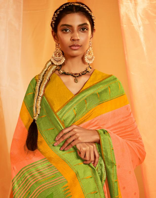 Cantaloupe Orange Paithani Saree With Embroidered Blouse