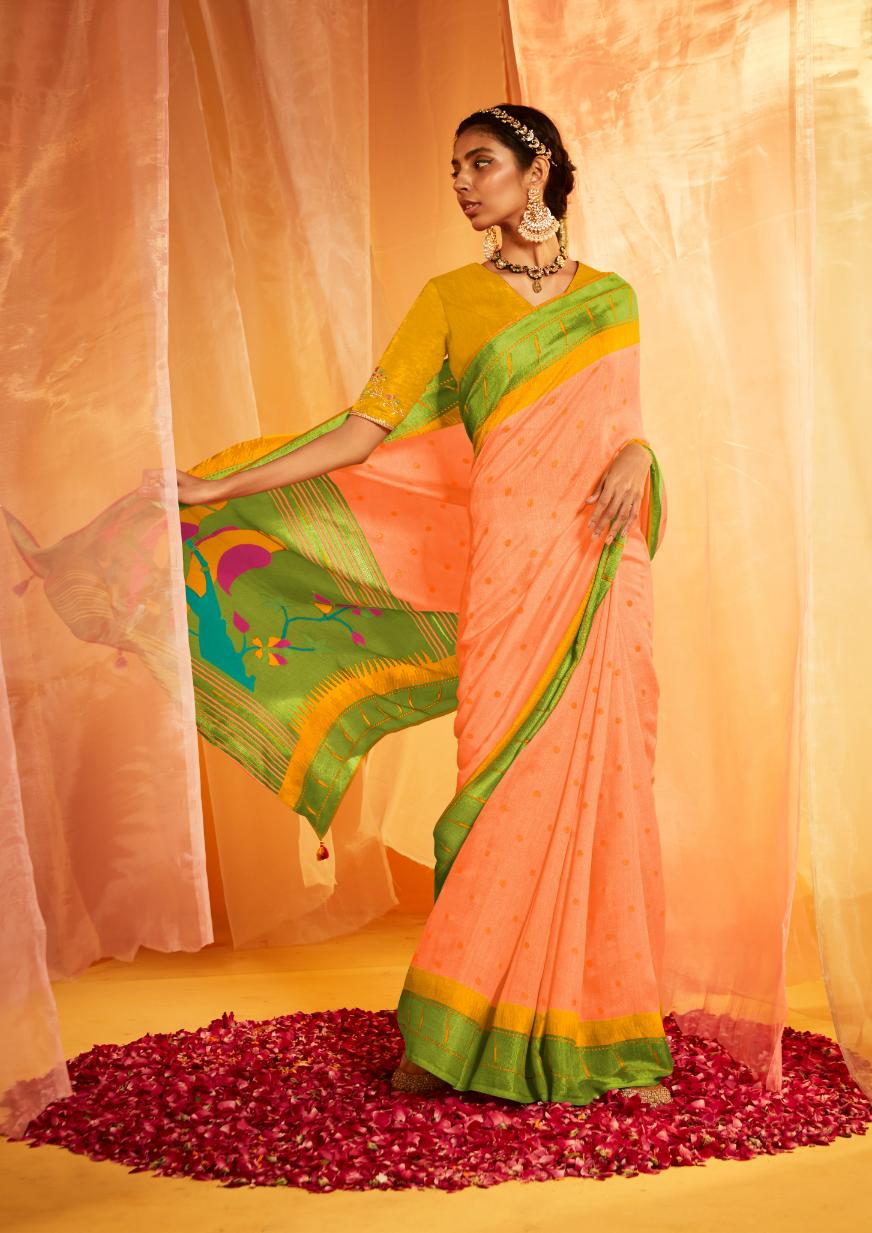 Cantaloupe Orange Paithani Saree With Embroidered Blouse