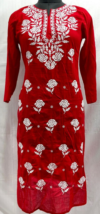 Deep Red Pure Rose Pattern Cotton Chikankari Kurti