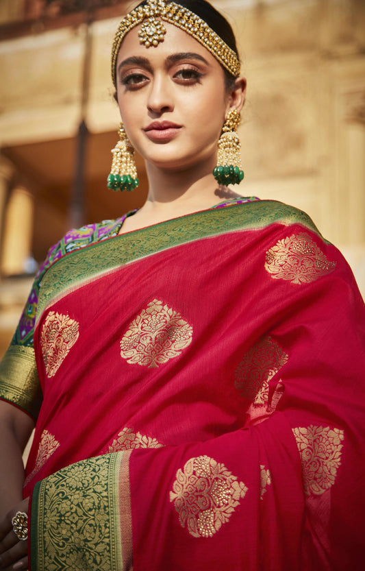 Bridal Red Silk Saree With Designer Patola Blouse