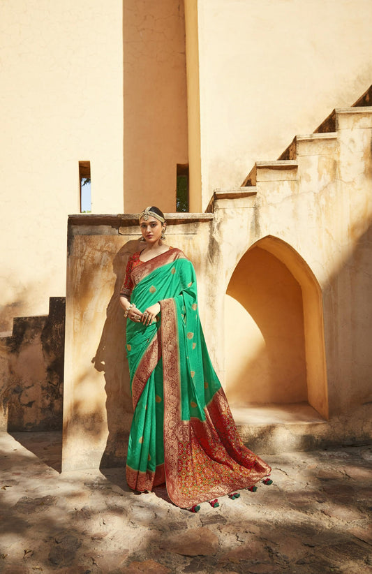 Fern Green Silk Saree With Designer Patola Blouse