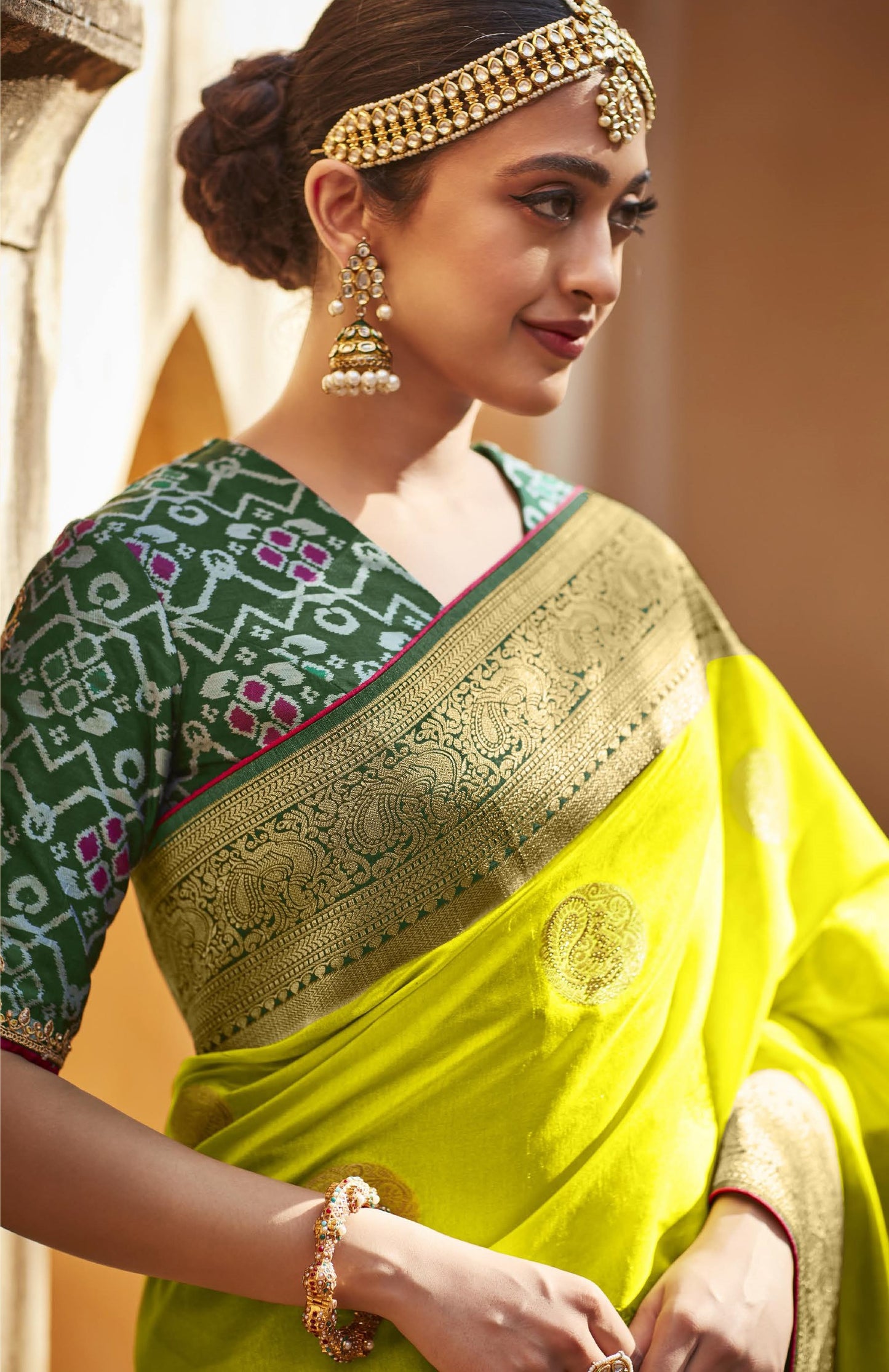 Bright Lime Green Silk Saree With Designer Patola Blouse