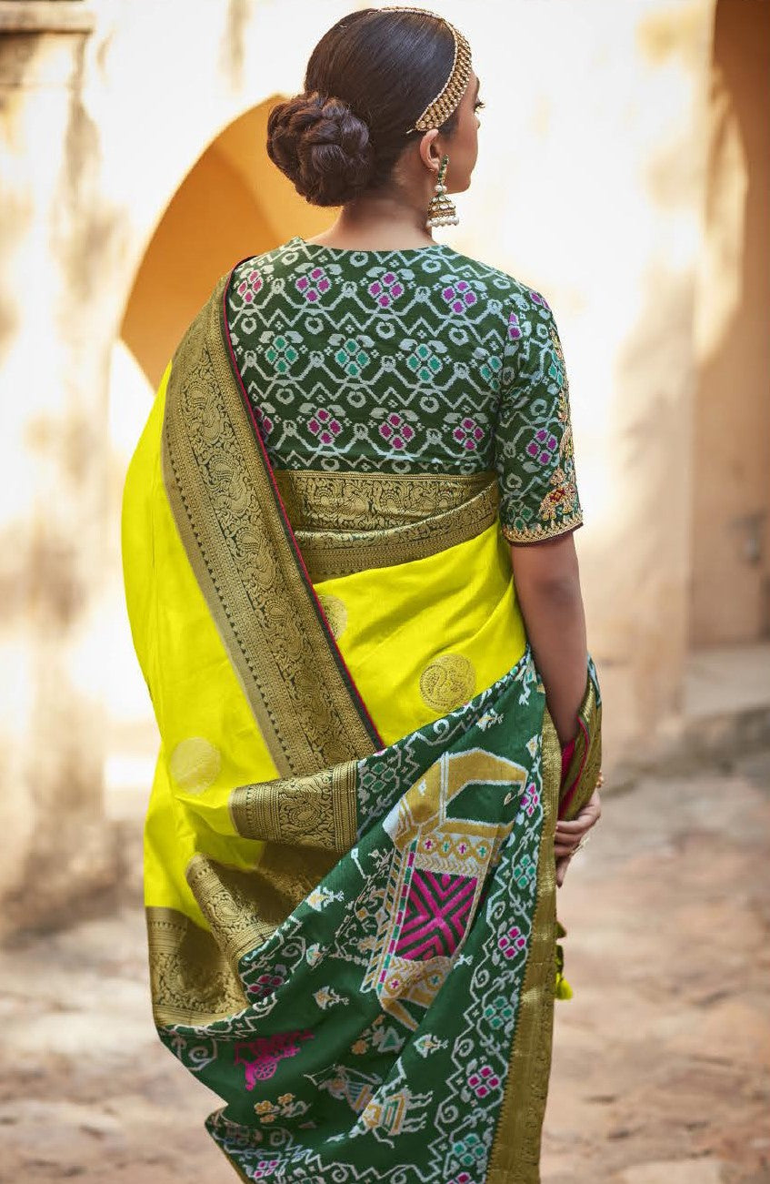 Bright Lime Green Silk Saree With Designer Patola Blouse