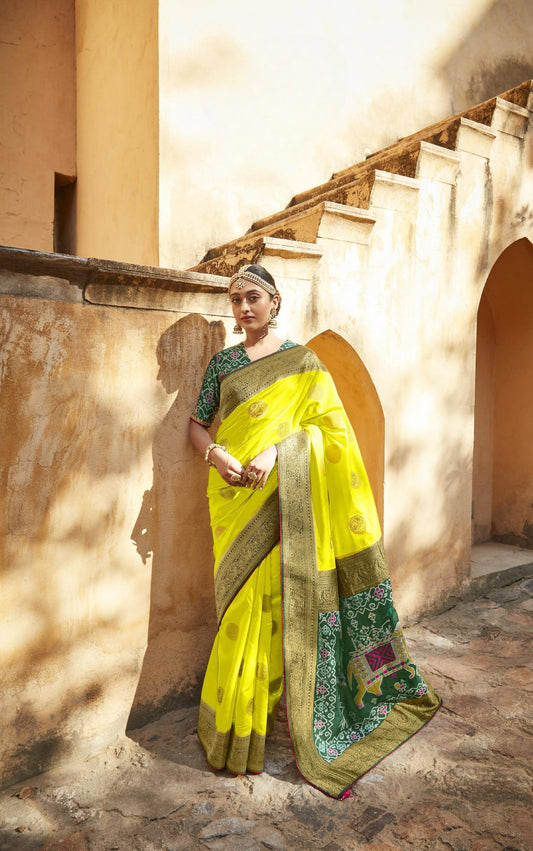 Bright Lime Green Silk Saree With Designer Patola Blouse