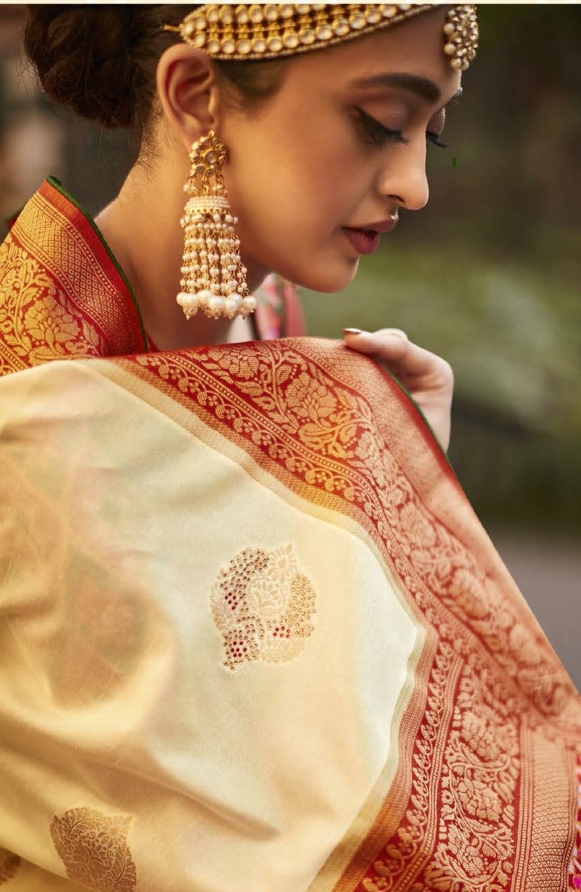 Off White & Red Silk Saree With Designer Patola Blouse