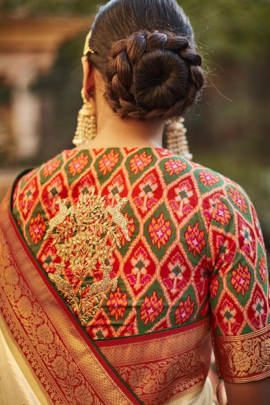 Off White & Red Silk Saree With Designer Patola Blouse