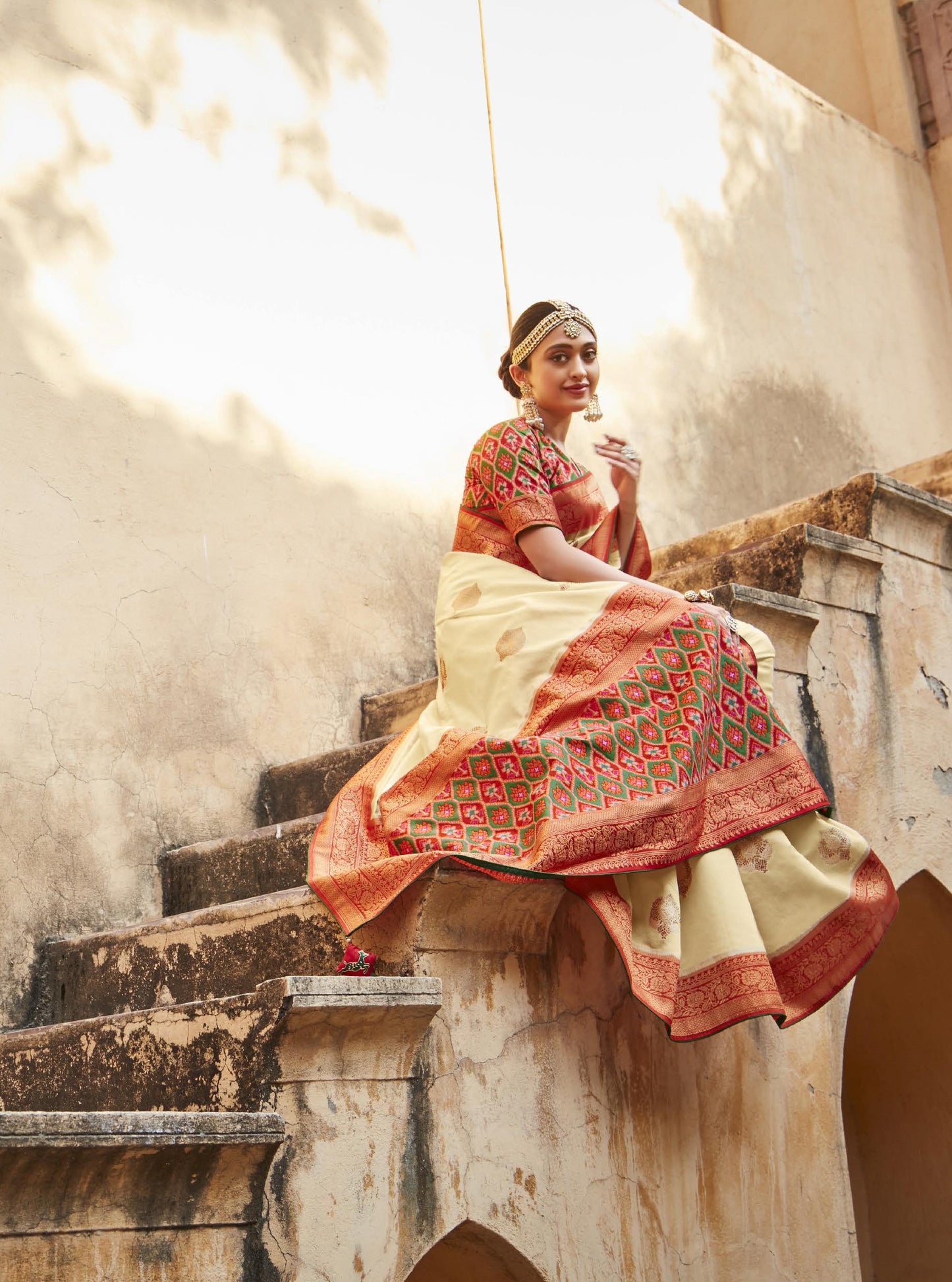 Off White & Red Silk Saree With Designer Patola Blouse