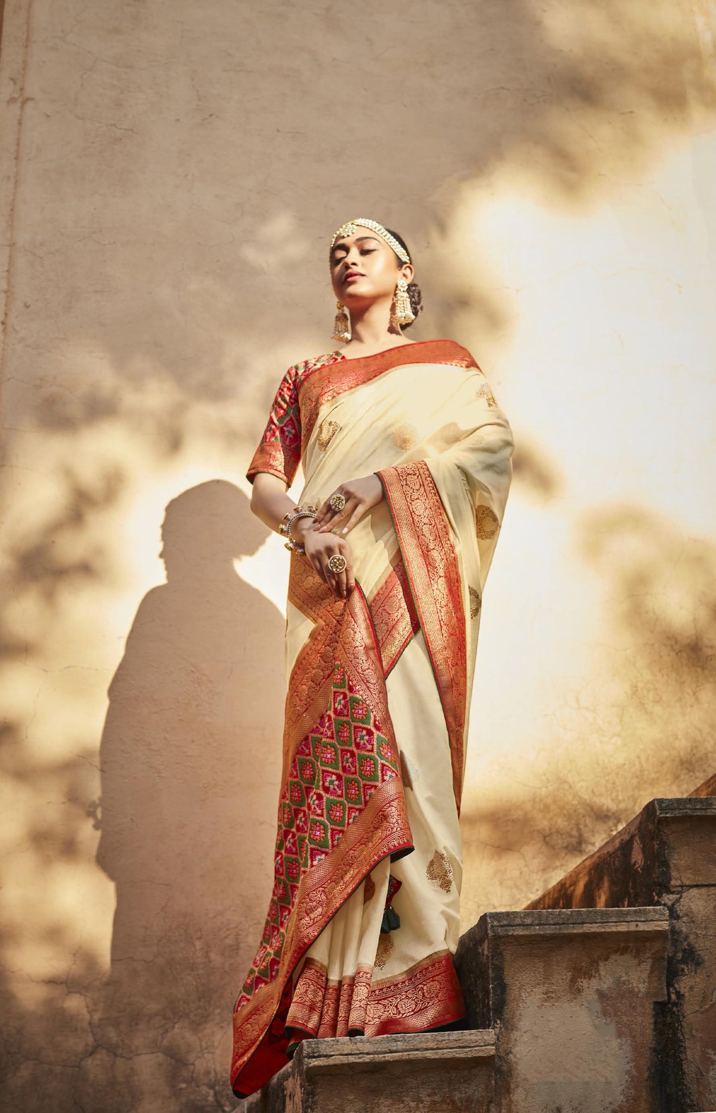 Off White & Red Silk Saree With Designer Patola Blouse