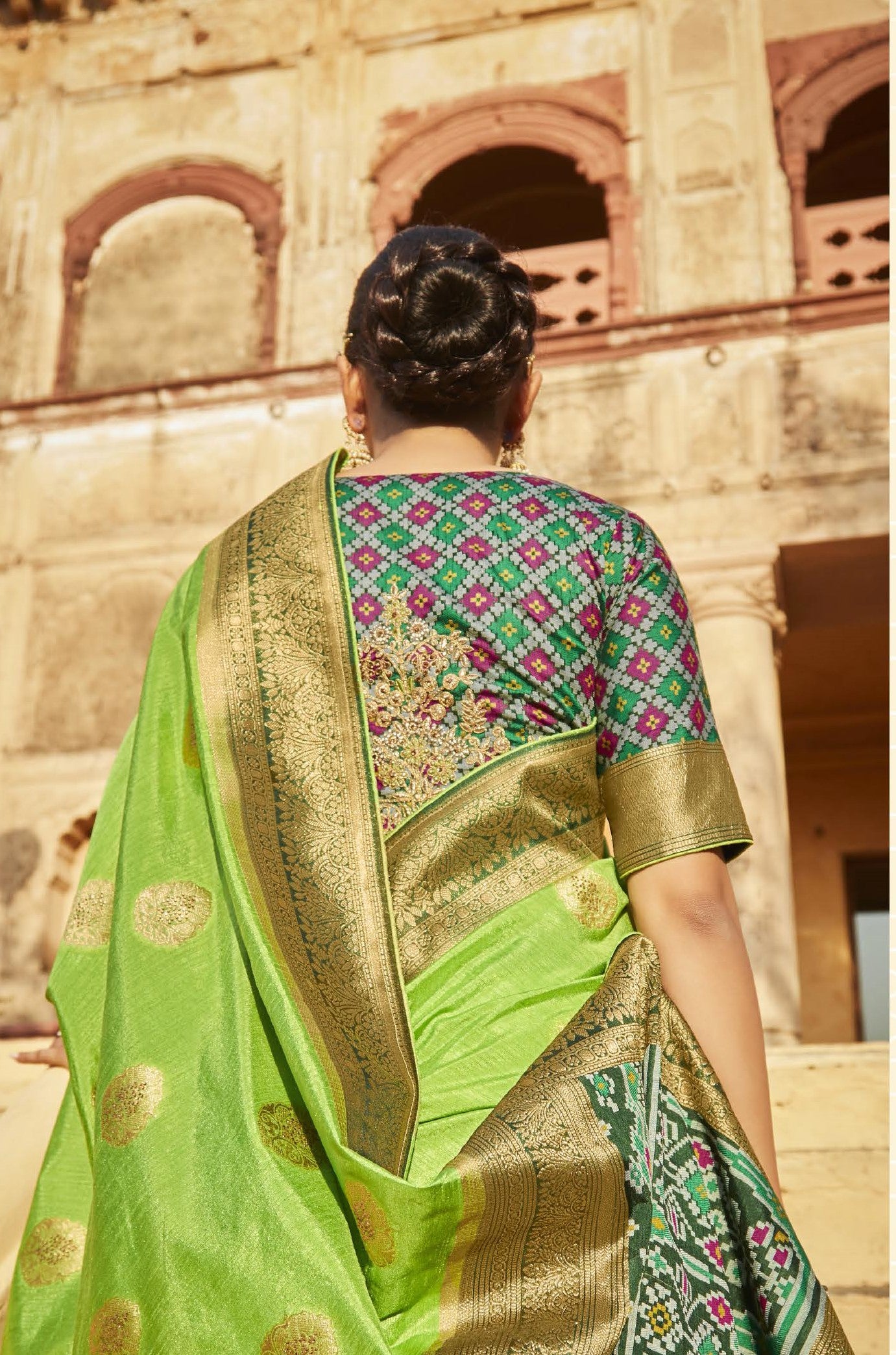 Parakeet Green Silk Saree With Designer Patola Blouse