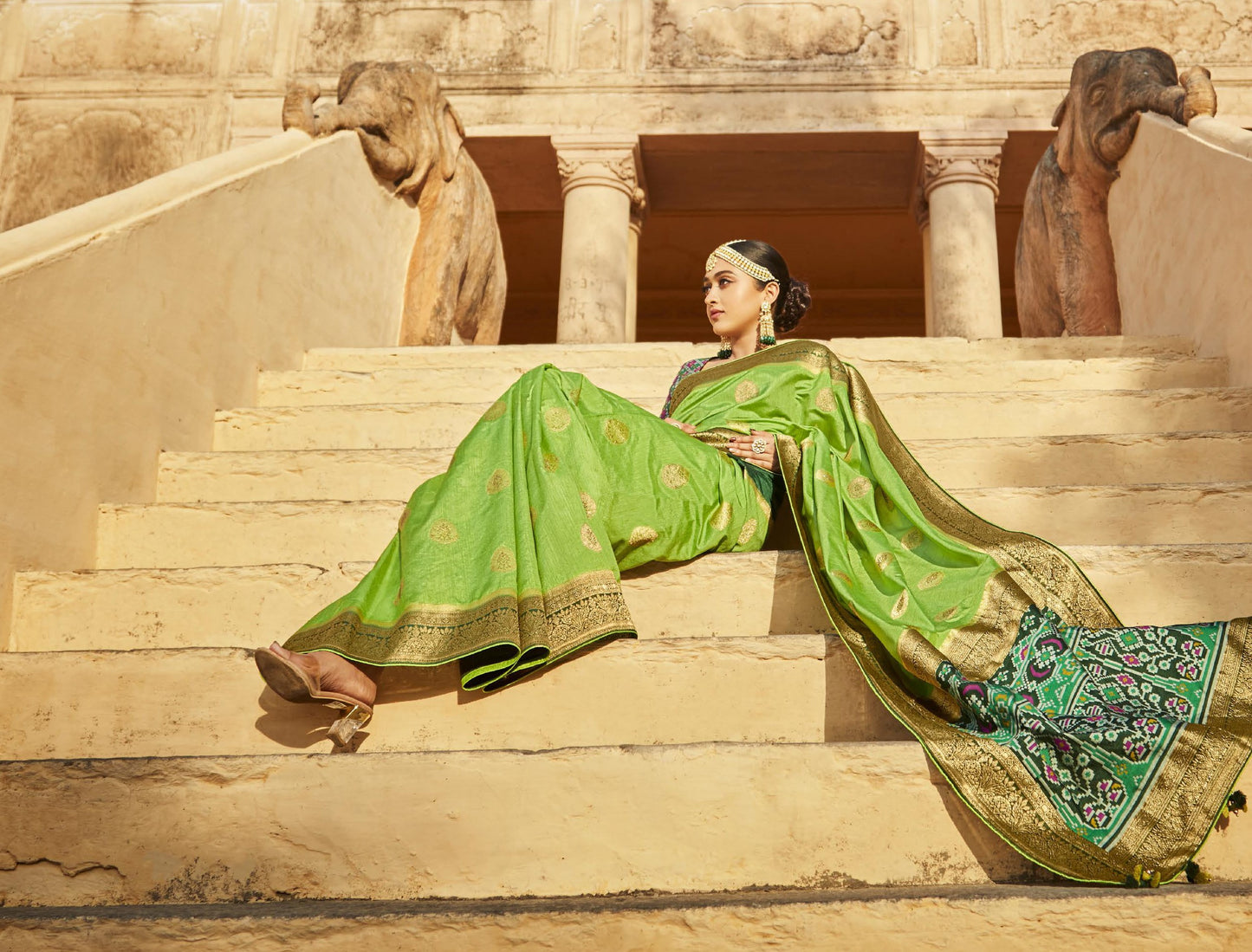 Parakeet Green Silk Saree With Designer Patola Blouse