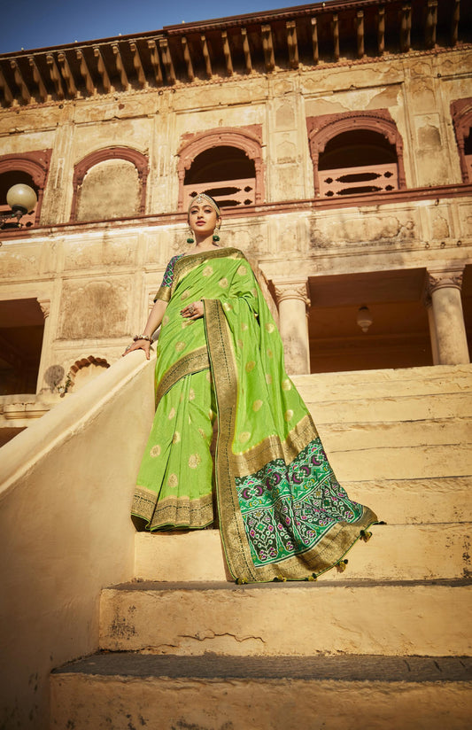 Parakeet Green Silk Saree With Designer Patola Blouse