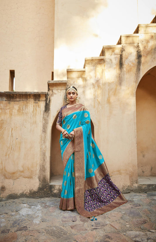 Arctic Blue Silk Saree With Designer Patola Blouse