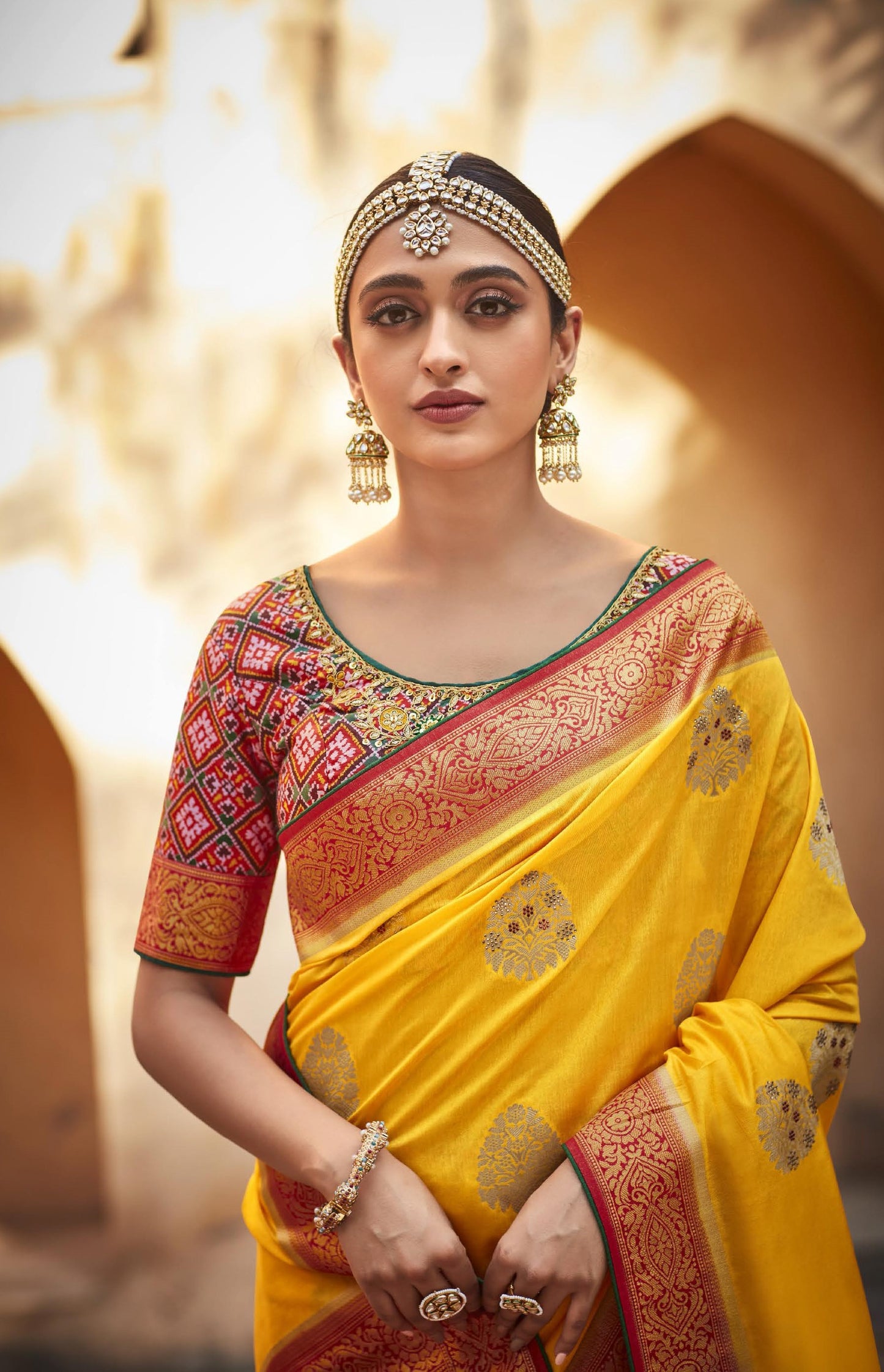 Macaroon Yellow Silk Saree With Designer Patola Blouse