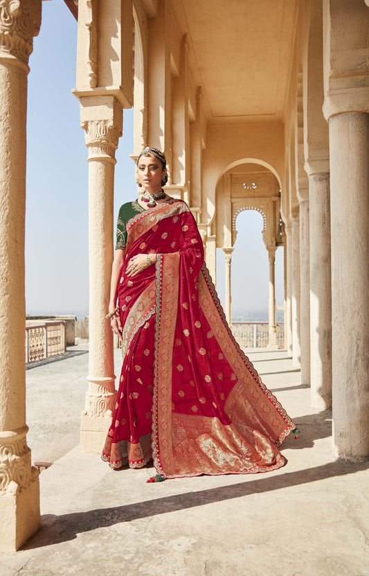 Bridal Red Banarasi Silk Saree With Designer Blouse