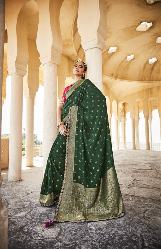 Forest Green Banarasi Silk Saree With Designer Blouse