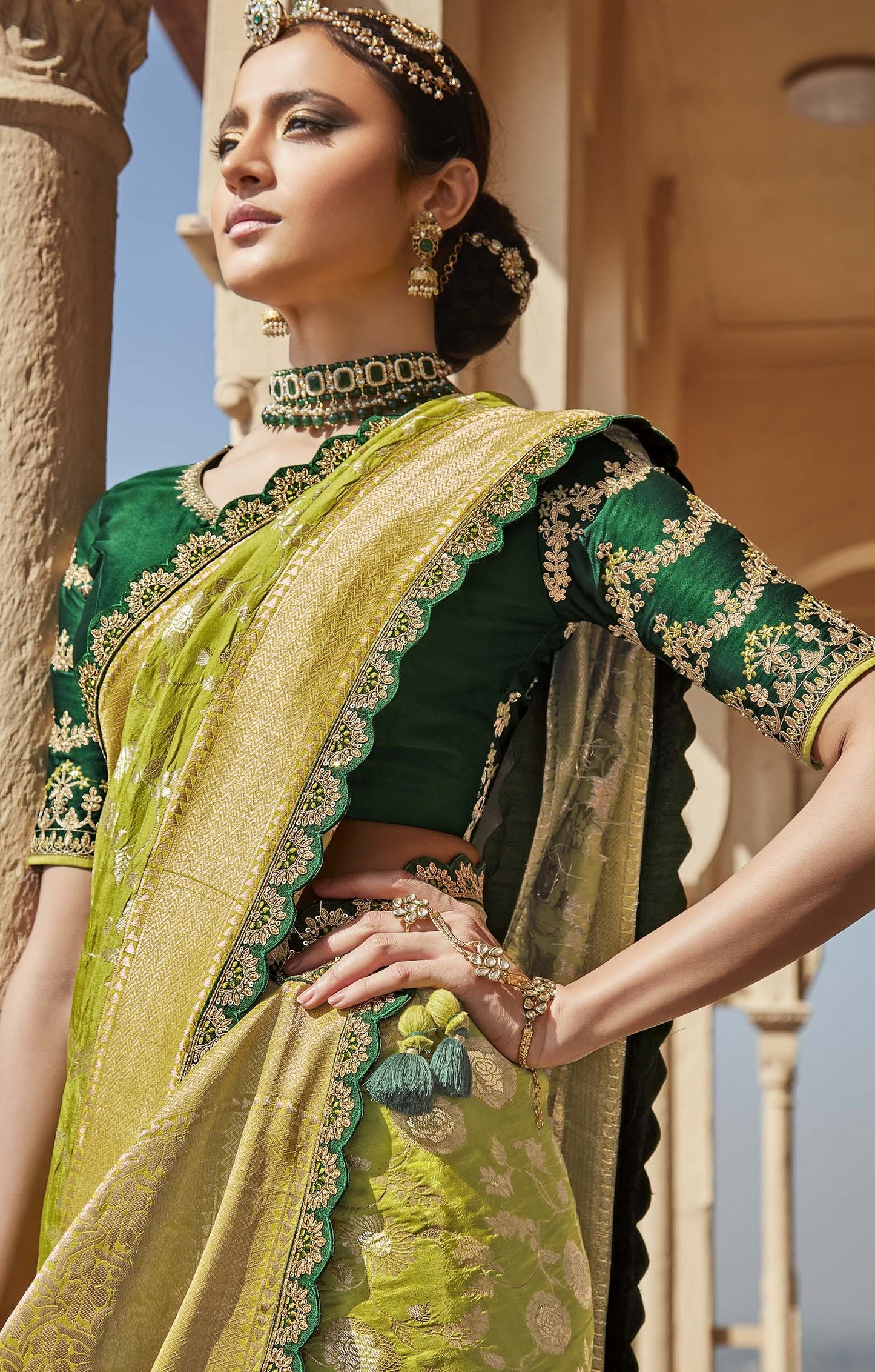 Bright Green Banarasi Silk Saree With Designer Blouse