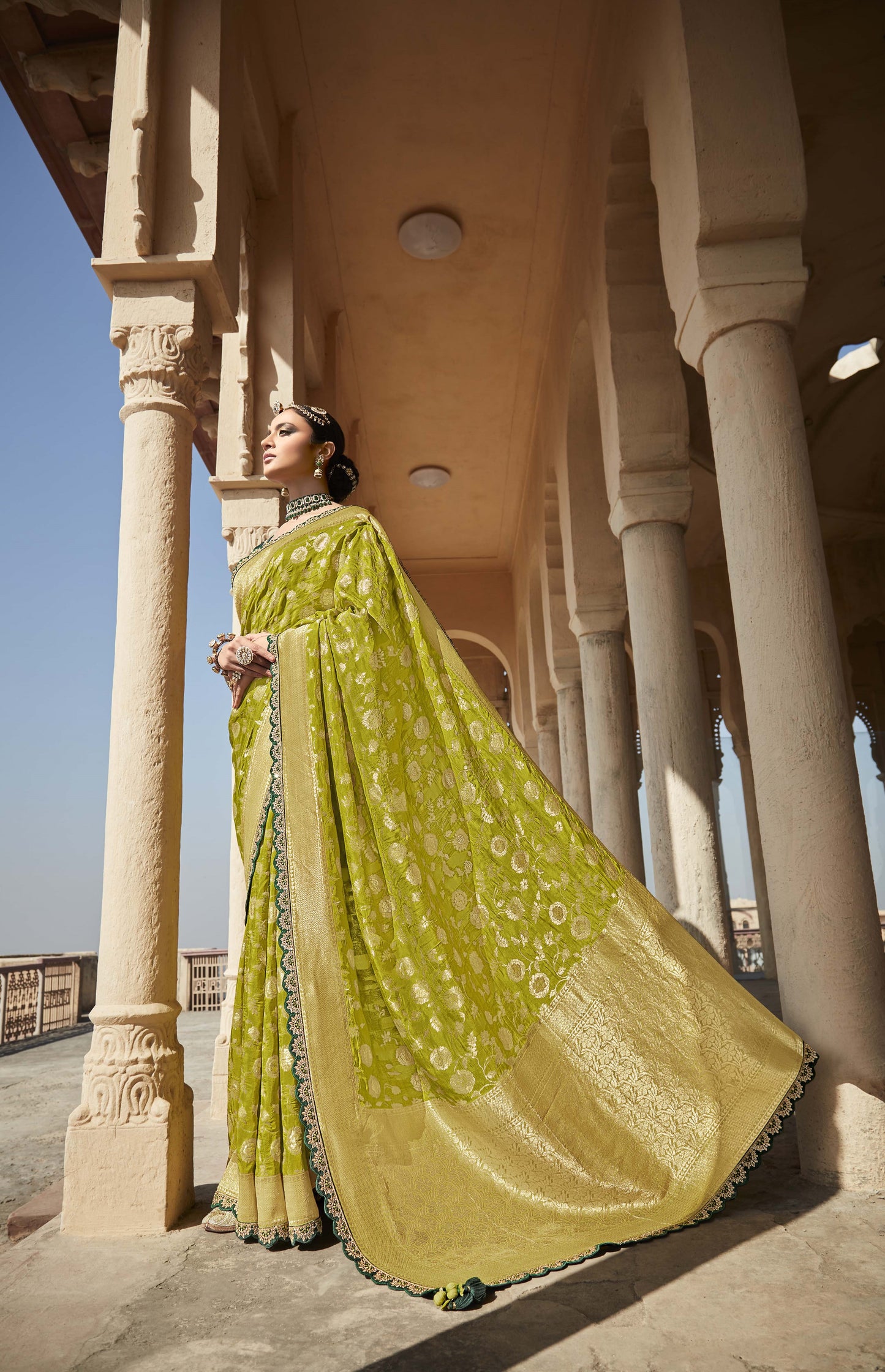 Bright Green Banarasi Silk Saree With Designer Blouse