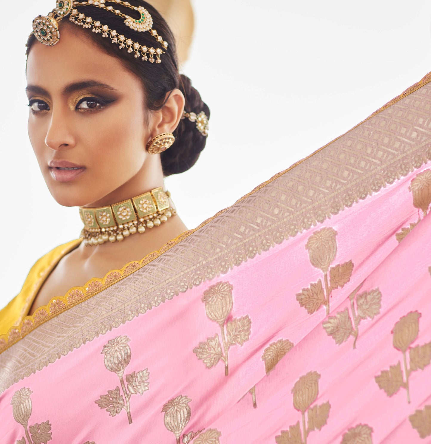 Rose Pink Banarasi Silk Saree With Designer Blouse