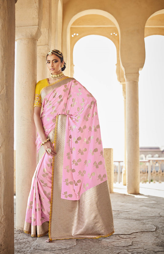 Rose Pink Banarasi Silk Saree With Designer Blouse