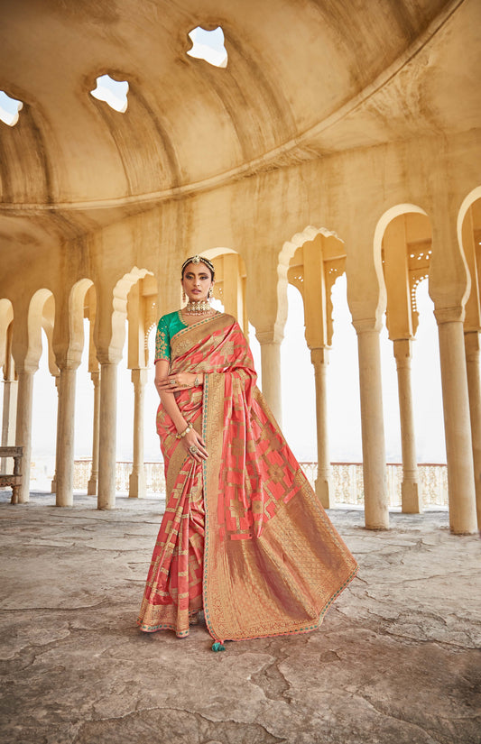 Chestnut Peach Banarasi Silk Saree With Designer Blouse