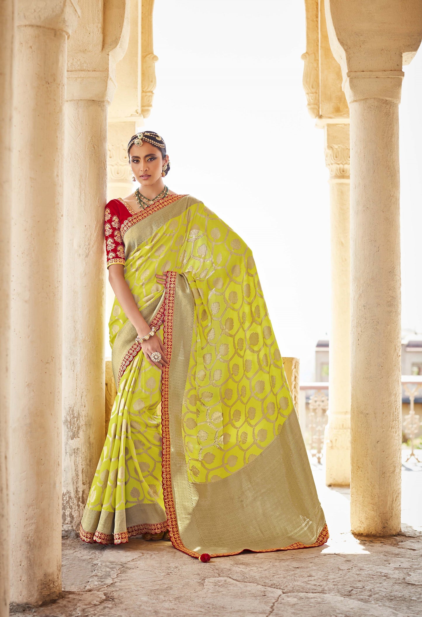 Lime Green Banarasi Silk Saree With Designer Blouse